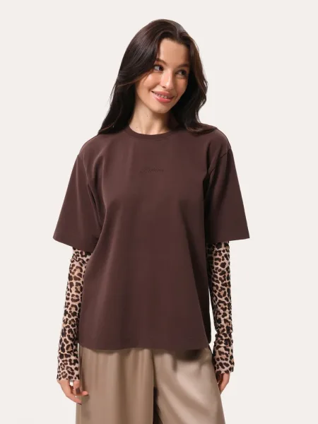 Barna oversize longsleeve leopárdmintás ujjakkal